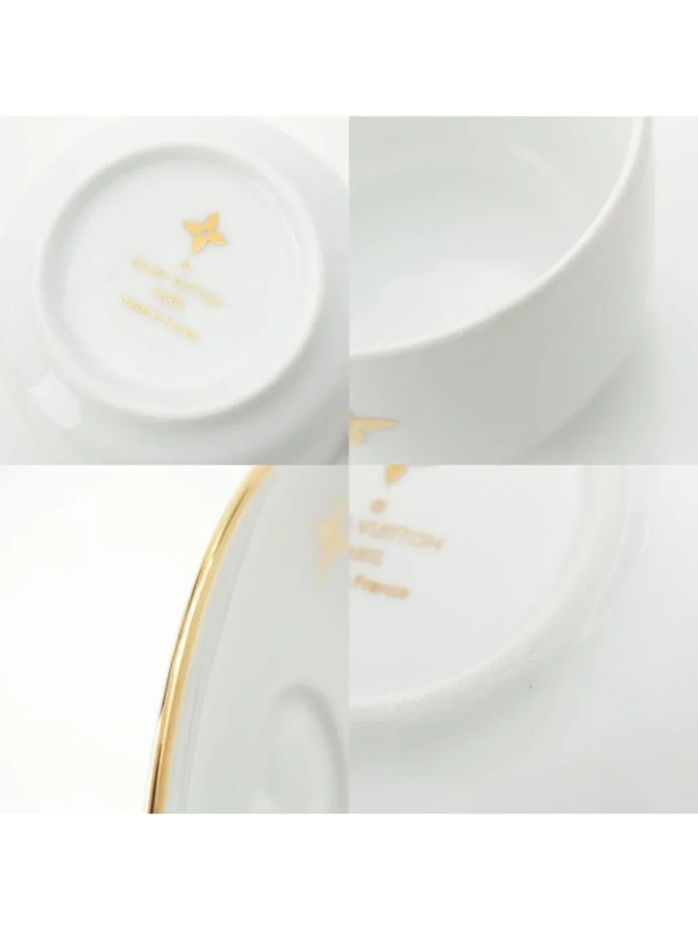Louis Vuitton Porcelain Bowl Tea Cup & Saucer Set 4 Guest Tableware White Gold